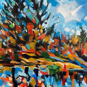 May include: Abstract painting of a forest scene with a reflection of the trees in a body of water. The trees are painted in shades of blue, green, and brown, and the water is a vibrant blue with hints of red and orange.