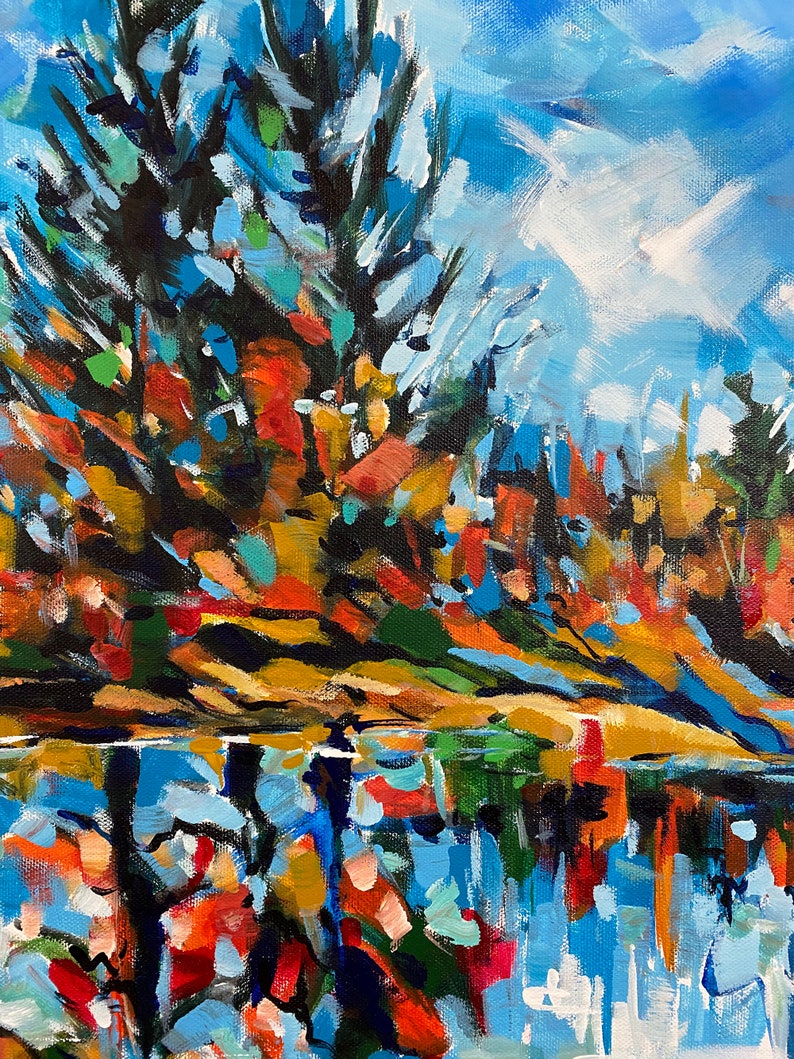 May include: Abstract painting of a forest scene with a reflection of the trees in a body of water. The trees are painted in shades of blue, green, and brown, and the water is a vibrant blue with hints of red and orange.