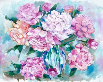 Peony painting Original oil painting on canvas 24x36' Large floral canvas Impressionist flower painting Flowers wall art