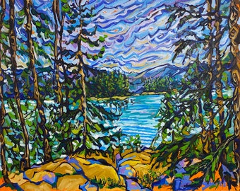 Peinture des montagnes Rocheuses, peinture à l'huile originale sur toile, paysage nordique, art mural forêt et lac, art mural paysage 22x28