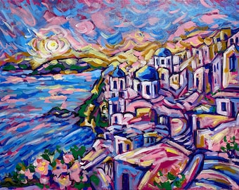 Santorini Painting: Original Acrylic Oia Greece Cityscape (18x24&#39;) Original art