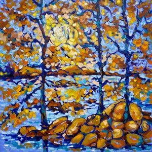 Fall painting Original oil painting on canvas 20x20' Fall landscape wall art Cottage decor Impressionistic Landscape by DianaOriginalArt image 1