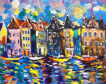 Amsterdam painting on canvas Cityscape original art  Small Amsterdam wall art Abstract city painting on canvas Modern cityscape 16x20