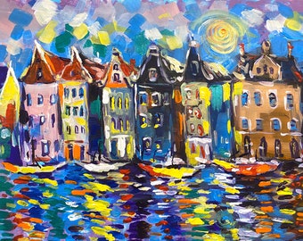 Amsterdam Painting on canvas: Original Modern Art, 16x20&#39;, Colorful Amsterdam canal wall art