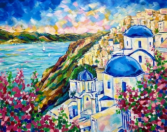 Santorini oil painting on canvas, Oia Greece Original Art, Cityscape painting, Greece painting, 30x36', Impressionist wall art