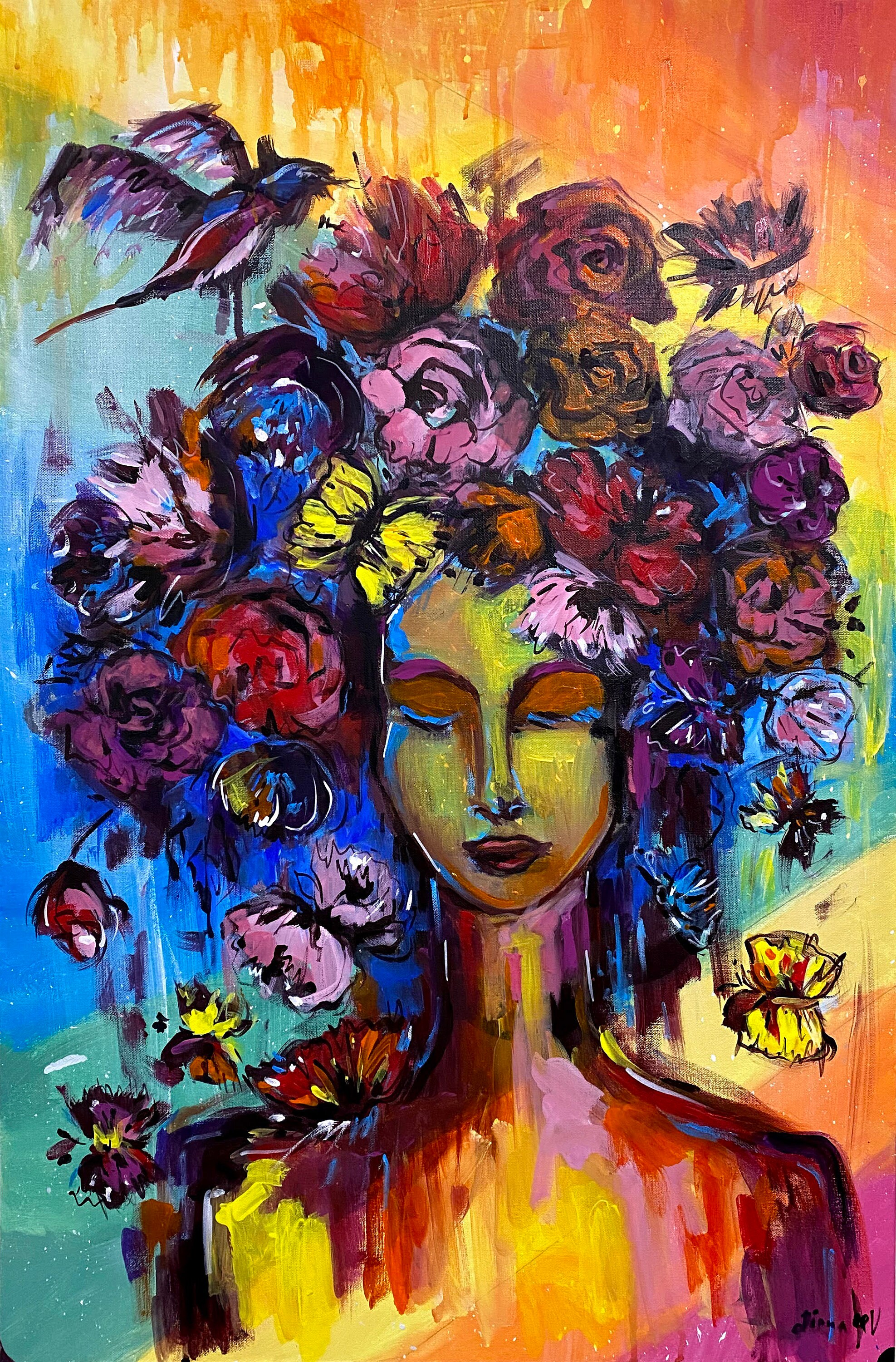 Girl with flowers Original female portrait painting Large Etsy