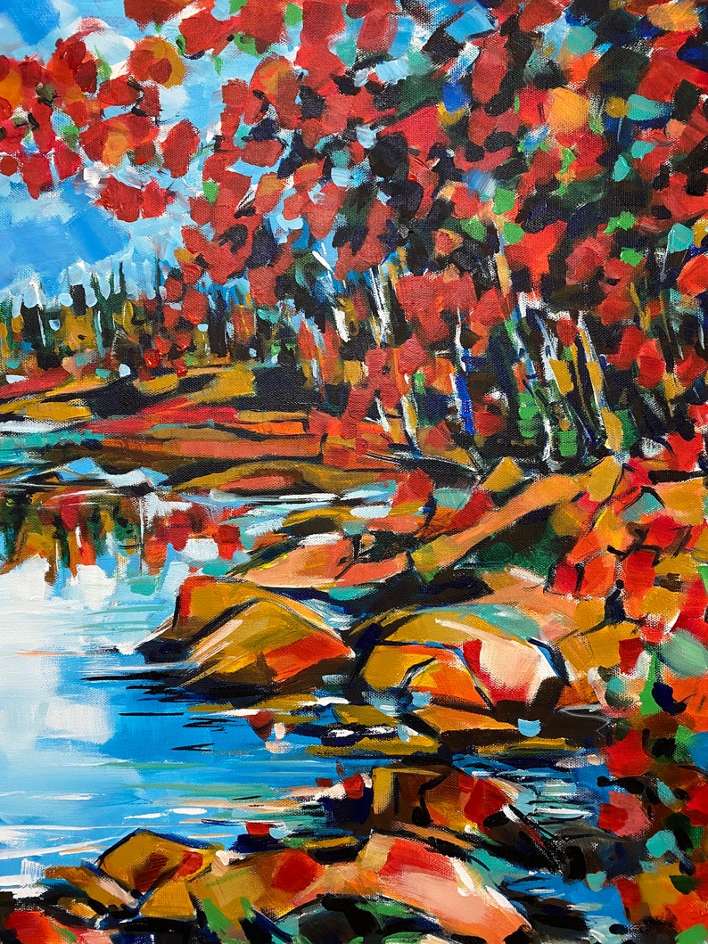 May include: Abstract painting of a landscape with a blue lake, red and orange trees, and brown rocks. The painting is done in a bold, expressive style.