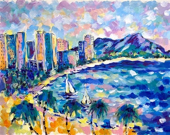 Hawaii Painting Waikiki beach original Art Seascape painting Colorful wall art Big Modern landscape