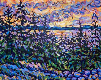 Original Sunset Lake Painting: Impressionist Pine Tree Landscape Art (18x24')