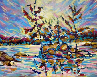 Lake Sunset Oil Painting on canvas: Canadian Landscape Wall Art (18x24')