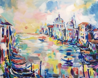 Venise, peinture sur toile, art original paysage urbain, paysage italien, art mural moderne 22 x 28 par DianaOriginalArt