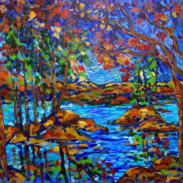 Fall painting Original Painting on canvas 18x30' Lake painting  Impressionistic Landscape by DianaOriginalArt