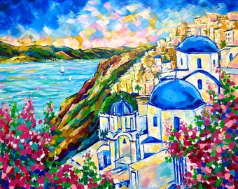 Santorini Oil Painting on canvas, Oia Greece Original Art, Impressionist landscape, 30x36'