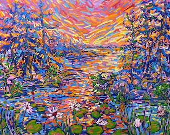 Lake landscape Original oil Painting on canvas 30x40' Impressionistic Canadian Landscape Sunset on Lake painting  Cottage wall art