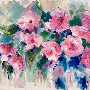 Original Pink Roses Oil Painting on Canvas - Floral Still Life Art (18x24&#39;)