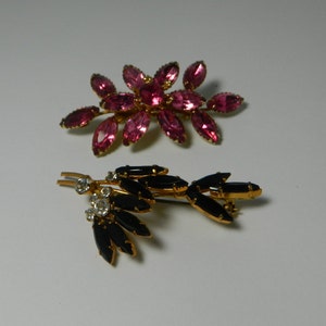Two Vintage Rhinestone Brooches Gold Tone Pink Black Clear Crystal