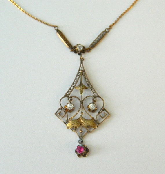 Antique 10K Gold Chandelier Rhinestone Necklace