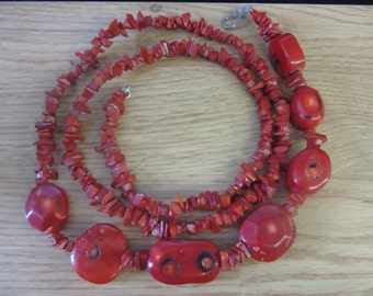 Long Natural Red Coral Chunky Necklace 44" Long