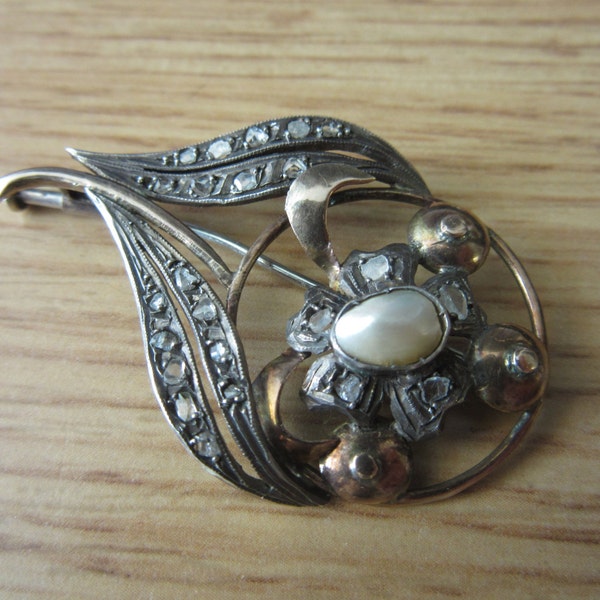 Antique late 1800s Silver Gold Wash 14K rose gold diamond and pearl Flower pin brooch