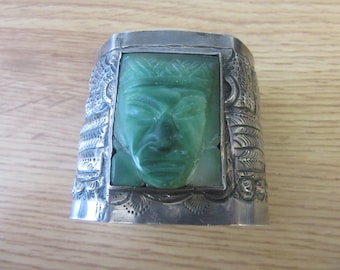 Large El Tesoro 900 Sterling Silver Wide Cuff Bracelet with Green Stone Aztec 92g