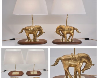 Vintage sculptural horse table lamps, a pair, Maison Jansen style, wood & gilt bronze, 1970s ca, French, Rewired