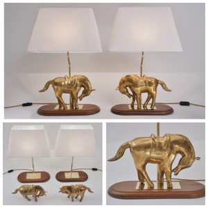 Vintage sculptural horse table lamps, a pair, Maison Jansen style, wood & gilt bronze, 1970s ca, French, Rewired