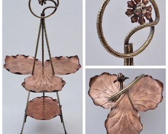 Antique Aesthetic Movement cake stand display table, brass bamboo effect & copper acanthus leaf, Townshend of Birmingham, 1880s ca, English