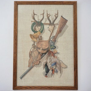 Eva Rosenstand cross stitch vintage embroidery picture Hunting Trophies framed 1950s ca English