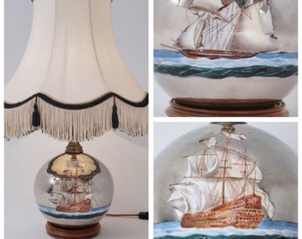 Art Deco Mercury glass antique table lamp, with hand painted galleon & ship decoration, handblown, 1920s ca, English, Rewired