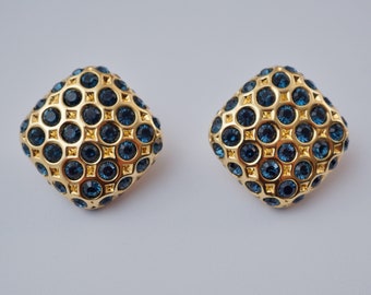 Vintage Joan Rivers kolczyki na klipsy, sygnowane, złocone i kryształy, lata 90. XX wieku, amerykańskie, oryginalne pudełko