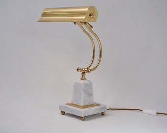 Bankers desk lamp with adjustable position in brass & white onyx 1950s ca American, Rewired