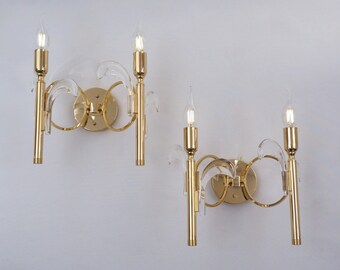 Para zabytkowych kinkietów z motywem palmy, styl Gaetano Sciolari, kryształ na złoconych ramach, lata 70. XX wieku, włoski, reinstalowany