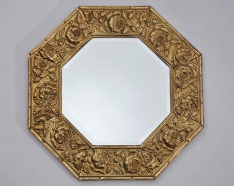 Antique Arts and Crafts style octagonal brass wall mirror embossed roses bleeding hearts & ferns Keswick School manner 1920s English
