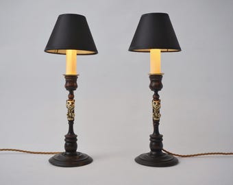 Pair antique candlestick table lamps Cheshire Cat Lewis Carroll Alice Adventures in Wonderland,  brass & oak, Rayswi Harrogate 1920s English