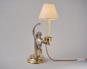 Monkey Surrealist vintage candlestick table lamp by Hauy Pouigo, signed, in silver plated bronze & brass, 1970s ca, Italian - Rewired