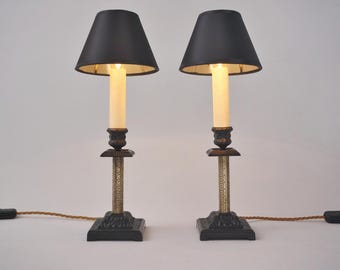 Pair antique candlestick table lamps, Aesthetic Movement, iron & brass, 1890s ca, English - Rewired