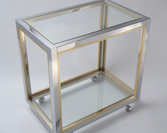 Vintage drinks trolley bar cart in chrome, gold plated gilt metal frame & glass tops by Renato Zevi, 1970s ca, Italian