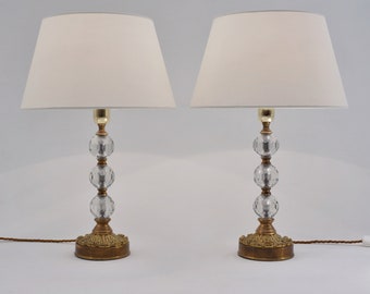 Pair Art Deco table lamps, acanthus leaf, Maison Charles style, faceted crystal & gilt bronze,1930s ca, French, Rewired