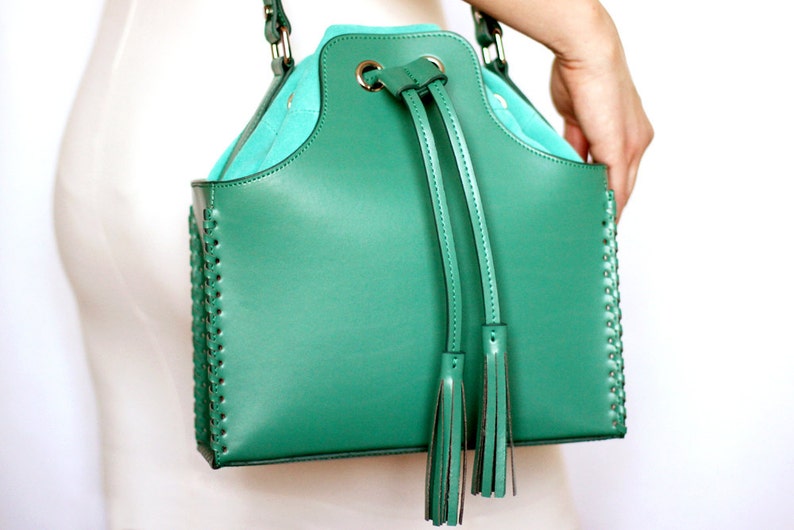 Green bucket bag, green leather bag, green women#39;s leather b Green bucket bag, green leather bag, green women#39;s leather b