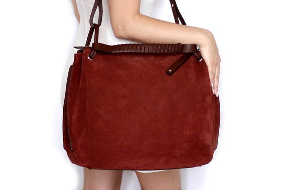 red suede tote bag
