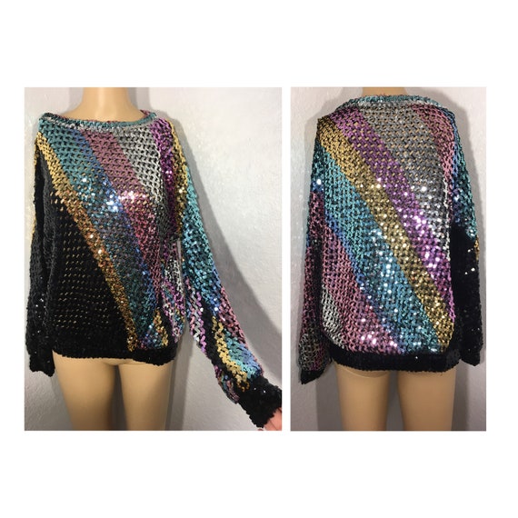 1980s Extravagant Full Sequins Rainbow Sweater M