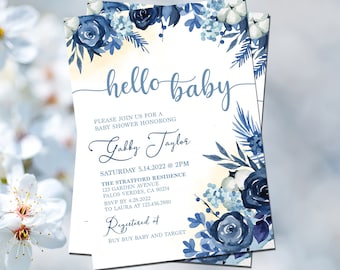 Floral Boy Baby Shower Invitation, Blue Roses Baby Shower Invite, It's a Boy Shower, BOHO Floral Printable Invite, Customized Invitation
