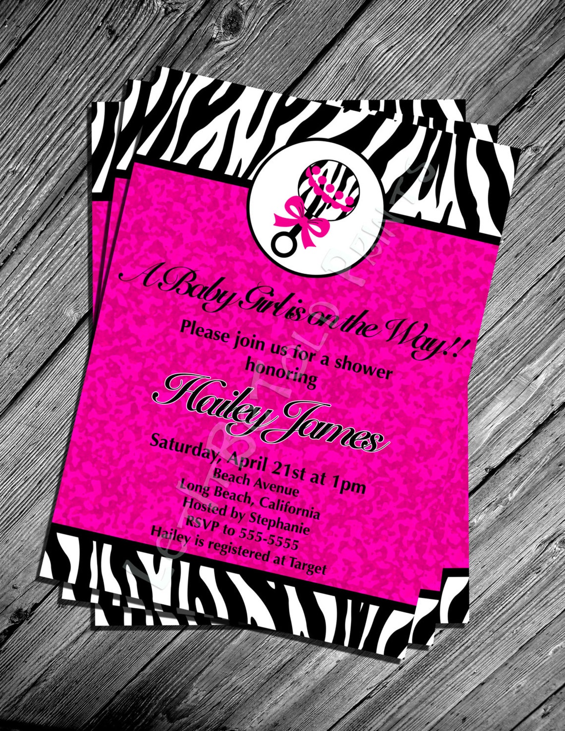 Digital Pink Zebra Print Baby Shower Invitation Printable Shower
