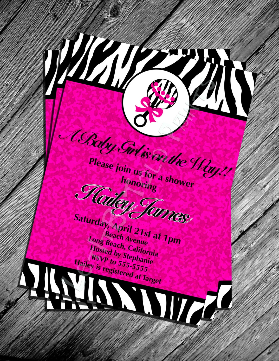 Pink And Zebra Baby Shower Invitations Hot Pink Black White Zebra 