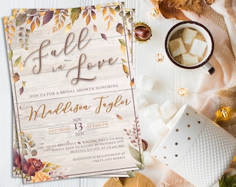 Fall Bridal Shower Invitation, Rustic Falling in Love Shower, Fall Wedding Couples Shower Template, Autumn Bridal Shower Editable