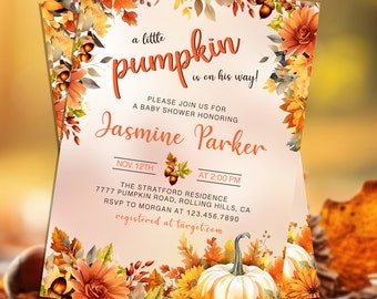 Editable Little Pumpkin Baby Shower Invitation, Fall Floral Baby Shower Invite, Printable Digital Download