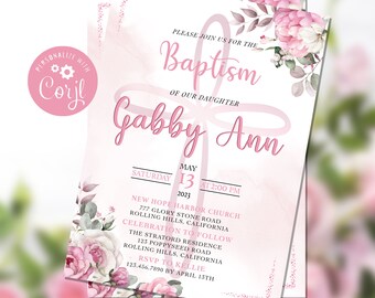 Pink Floral Rose Baptism Invitation Girl, Personalized, Baby Girl Invite, Christening Invitation, Editable, Instant Download