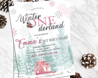 Winter ONEderland Birthday Invitation Editable Rustic Christmas First Birthday Invite Girl Birthday | Editable