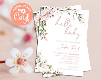 Baby Girl Spring/Summer Floral Baby Shower Invitation, INSTANT DOWNLOAD, Watercolor Pink Flowers Oh Baby Invite Personalized