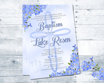 Baby Boy Baptism Invitation Forget Me Not Flower Christening First Communion DIY Printable Invite Blue Flowers Digital Announcement